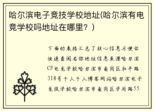 哈尔滨电子竞技学校地址(哈尔滨有电竞学校吗地址在哪里？)